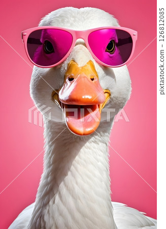 Funny white goose in pink sunglasses - summer fashion print design, isolated on colorful background 126812085