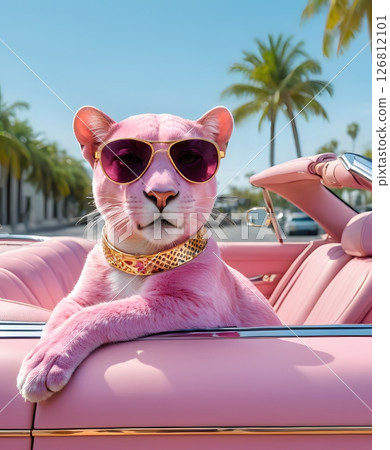 Pink panther in luxury convertible wearing gold sunglasses and stylish outfit 126812101