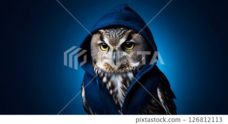 Cute owl in blue hoodie standing on dark background, humorous animal portrait. Cute owl in blue hoodie standing on dark background, humorous animal portrait. 126812113