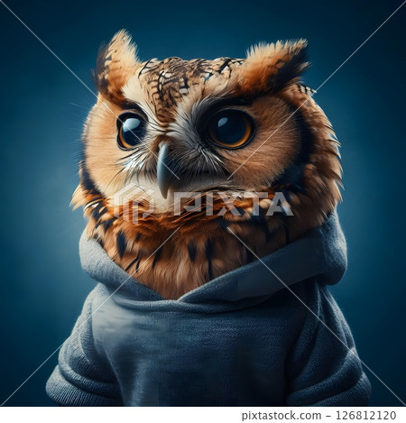 Cute owl in blue hoodie standing on dark background, humorous animal portrait. for 126812120