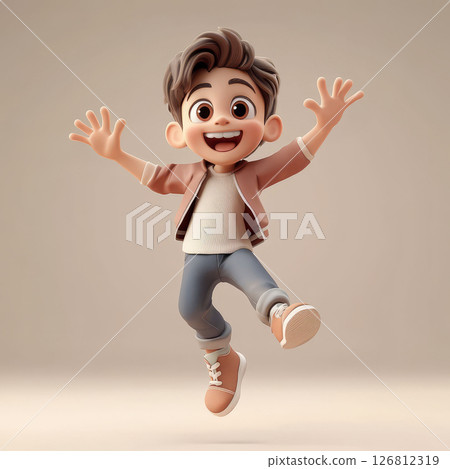 Happy jumping boy with brown hair, wearing casual clothes and sneakers, expressing joy and excitement 126812319