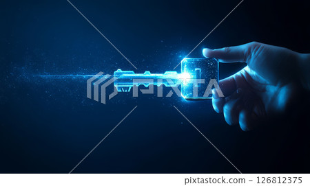 hand holding digital key unlocking virtual world, symbolizing technology and security 126812375