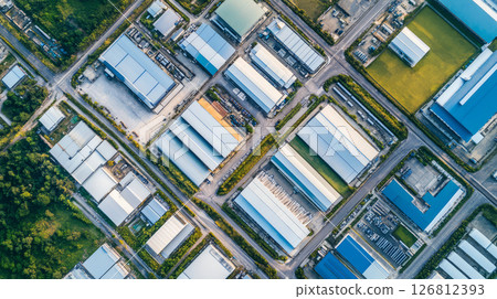 Aerial view of industrial park showcasing warehouses and facilities Aerial view of industrial park showcasing warehouses and facilities 126812393