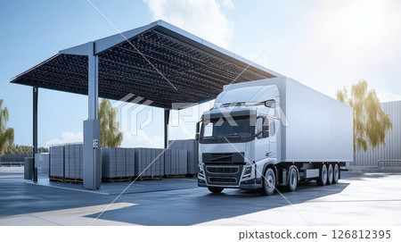 Electric truck loading goods under solar panels at distribution center 126812395