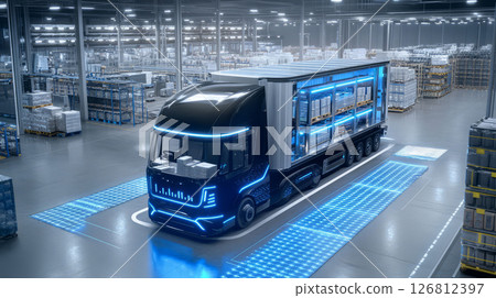 electric truck loading goods in modern warehouse with bright lights and technology electric truck loading goods in modern warehouse with bright lights and technology 126812397