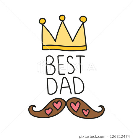 Fathers Day Bear concept. Crown design with "Best Dad" and decorative mustache illustration. in color line style 126812474