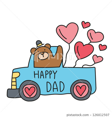 Fathers Day Bear concept. Cute bear in a truck with hearts celebrating Father's Day. in color line style 126812507