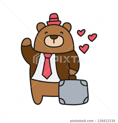 Fathers Day Bear concept. Cheerful bear in a suit with a suitcase and hearts. in color line style Fathers Day Bear concept. Cheerful bear in a suit with a suitcase and hearts. in color line style 126812538