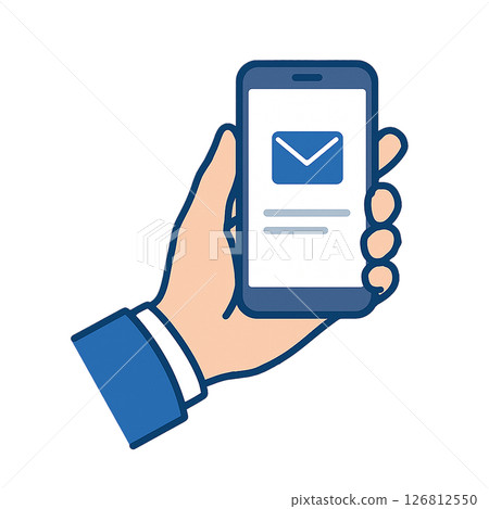 一隻手在智慧型手機上查看電子郵件（通知/聯絡人）的插圖 126812550