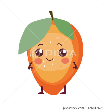 Cute Mango cartoon character with cup of tea,orange fruit ,Funny mascot of mango with happy smile vector illustration Cute Mango cartoon character with cup of tea,orange fruit ,Funny mascot of mango with happy smile vector illustration 126812675