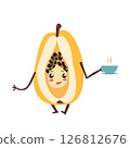 Cute papaya cartoon character with cup of tea,yellow fruit ,Funny mascot of papaya with happy smile vector illustration isolated on transparent background 126812676