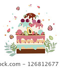 birthday cake with ice cream and summer fruits chocolate cake with icing and melted berry, ice cream,strawberry,kiwi,cherry,sweets, flat vector illustration on white background  126812677
