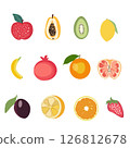 Collection of summer fruits, Colorful fruits and berries: set of Appl,Papaya,kiwi,lemon,banana,pomegranate,orange,red lemon,pulm,strawberry vector illustration isolated on transparent background 126812678