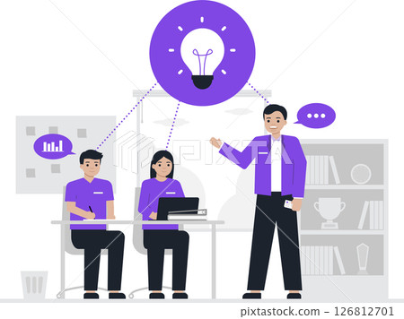 A consultant and analyst collaborate as a professional team in an office setting, focusing on strategic brainstorming and innovative idea generation. 126812701