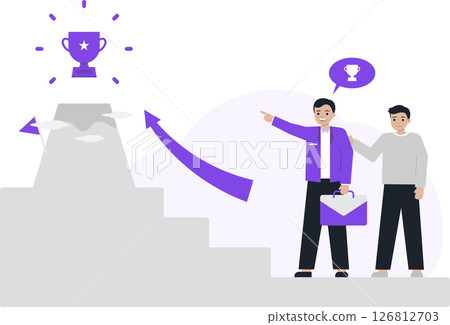 A consultant guiding a client up a staircase towards a trophy, symbolizing strategic mentorship and goal achievement through a professional roadmap. 126812703
