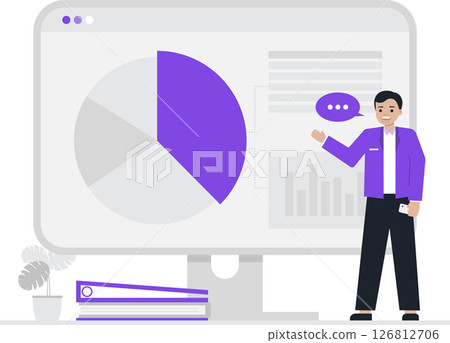 A data specialist presenting analytical insights on a large screen, featuring detailed pie charts and bar graphs, with the individual gesturing confidently while conveying expert analysis. A data specialist presenting analytical insights on a large screen, featuring detailed pie charts and bar graphs, with the individual gesturing confidently while conveying expert analysis. 126812706