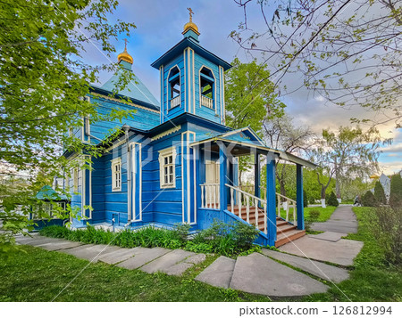 Ancient blue wooden Church of St. Peter and Paul Ancient blue wooden Church of St. Peter and Paul 126812994