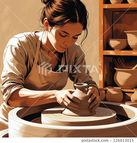 Female potter making pottery Female potter making pottery 126813015