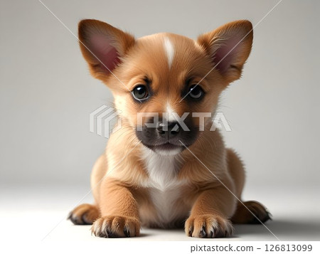 Studio portrait of a cute brown and white puppy lying down on a seamless gray backdrop, creating a clean and simple image perfect for pet-related projects 126813099