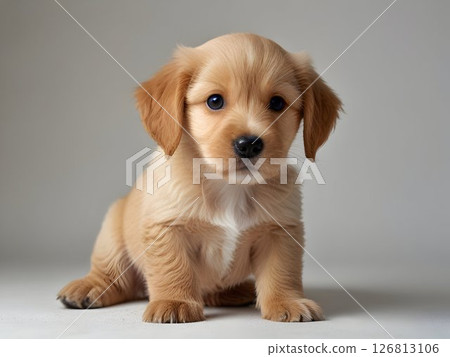 Adorable puppy with light brown and white fur resting on smooth gray backdrop, embodying playful innocence and heartwarming canine charm 126813106