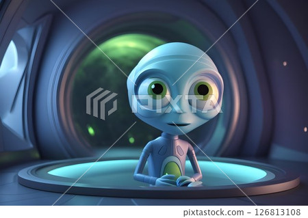 Friendly cartoon alien with vibrant blue skin and large, expressive eyes, waving cheerfully in a colorful dress, creating a welcoming and playful atmosphere Friendly cartoon alien with vibrant blue skin and large, expressive eyes, waving cheerfully in a colorful dress, creating a welcoming and playful atmosphere 126813108