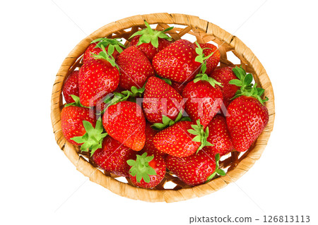 Strawberry in a wicker basket isolated on white background, Top view. Flat lay. Strawberry in a wicker basket isolated on white background, Top view. Flat lay. 126813113
