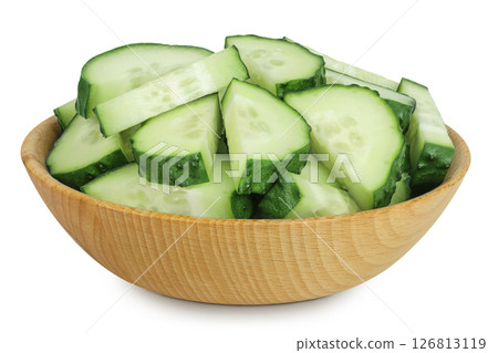 Sliced cucumber in wooden bowl isolated on white background with full depth of field Sliced cucumber in wooden bowl isolated on white background with full depth of field 126813119