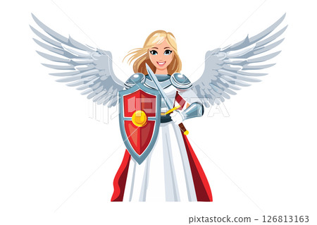 Cute woman Angel's with open wings, shield and sword, Valkyrie, Illustration of a winged female angel figure with flowing hair and sword 126813163