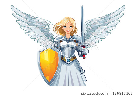 Cute woman Angel's with open wings, shield and sword, Valkyrie, Illustration of a winged female angel figure with flowing hair and sword 126813165