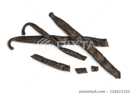 Dried vanilla stick isolated on white background. Top view. Flat lay. Dried vanilla stick isolated on white background. Top view. Flat lay. 126813183