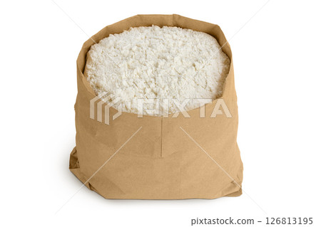 White flour in a paper bag isolated on white background 126813195