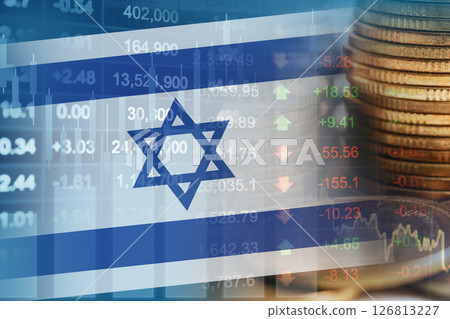 Israel flag with stock market finance, economy trend graph digital technology. Israel flag with stock market finance, economy trend graph digital technology. 126813227