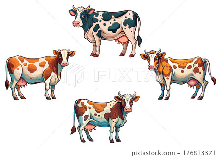 Farm, cow with horns watching you curiously - cartoon illustration, cow portrait set, Farming cattle animal, sketch for milk diary and beef products 126813371