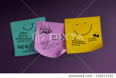 Customer feedback notes with smiley faces and handwritten compliments reflect positive reviews and satisfaction in service experience. Customer feedback notes with smiley faces and handwritten compliments reflect positive reviews and satisfaction in service experience. 126813382