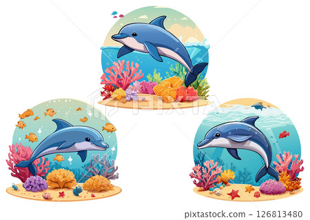 Cartoon dolphin and tropical fish under water at coral reef, Underwater world of ocean, Algae, corals and sea anemones on seabed, set 126813480