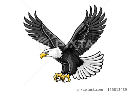 Majestic eagle in flight, a powerful bald eagle soars through the air, its wings spread wide, showcasing its strength and majesty, detailed feathers, outstretched wings (Haliaeetus leucocephalus) 126813489