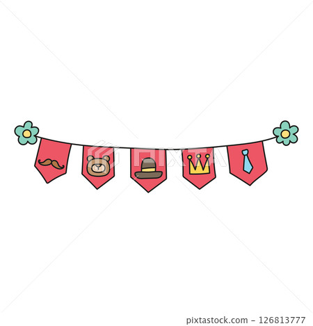 Fathers Day Bear concept. Colorful banner with playful icons and flower accents. in color line style 126813777