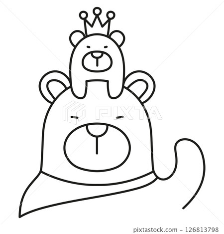 Fathers Day Bear concept. Cute bears with a crown and cape, one atop the other. in thin line style 126813798