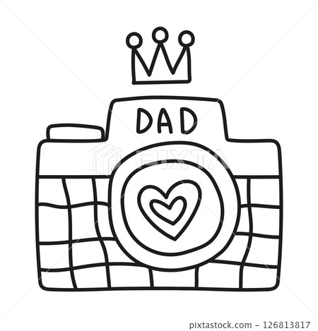 Fathers Day Bear concept. line, illustration illustration of a camera with a crown and "Dad" label. in thin line style 126813817