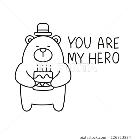 Fathers Day Bear concept. Cute bear holding a cake with a heartfelt message. in thin line style Fathers Day Bear concept. Cute bear holding a cake with a heartfelt message. in thin line style 126813824