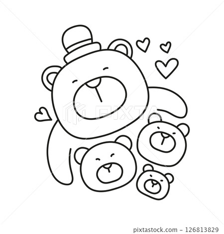 Fathers Day Bear concept. Cute cartoon bears with hearts and a hat bonding together. in thin line style Fathers Day Bear concept. Cute cartoon bears with hearts and a hat bonding together. in thin line style 126813829
