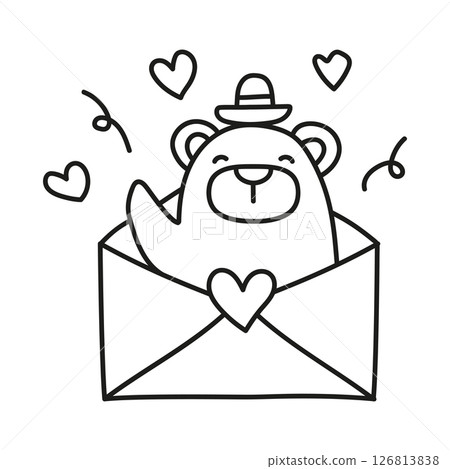 Fathers Day Bear concept. Cute bear in a hat peeking out of a love letter envelope. in thin line style 126813838