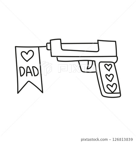 Fathers Day Bear concept. Illustration of a playful toy gun with a "Dad" banner. in thin line style 126813839