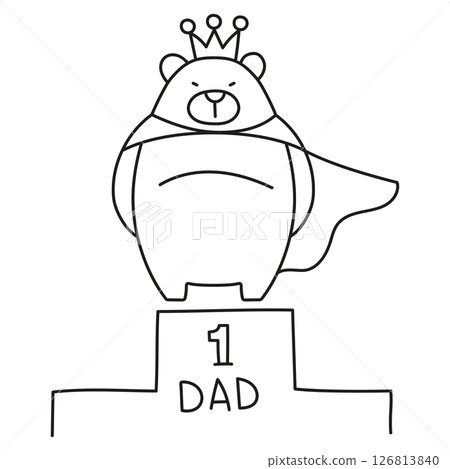 Fathers Day Bear concept. Cute bear in a superhero cape, crowned as number one dad. in thin line style 126813840