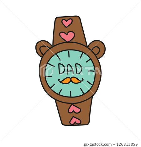 Fathers Day Bear concept. Fun, colorful watch design featuring "DAD" and hearts. in color line style Fathers Day Bear concept. Fun, colorful watch design featuring "DAD" and hearts. in color line style 126813859
