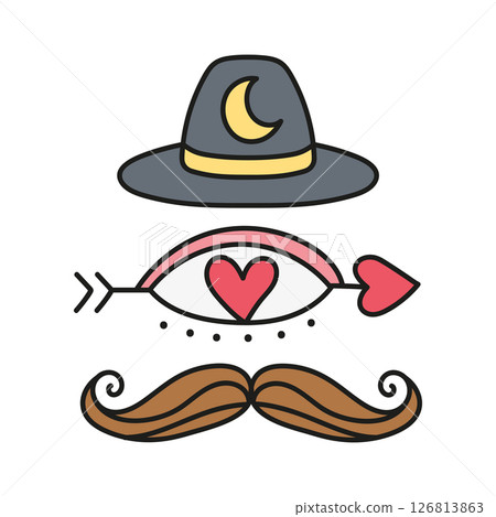 Fathers Day Bear concept. Playful illustration featuring a hat, eye, heart, and mustache. in color line style Fathers Day Bear concept. Playful illustration featuring a hat, eye, heart, and mustache. in color line style 126813863