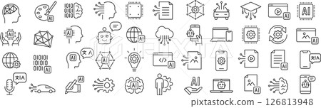 Vector monochrome set of line icons about AI 126813948