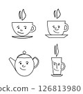 Cute Smiling Tea Cups and Teapot Hand Drawn Vector Line Icons, Set cup of coffee silhouette 126813980