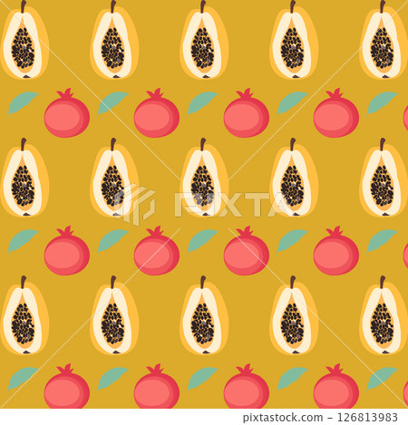 seamless pattern with summer fruits,pattern with papaya,leaf,pomegranate on bright background seamless pattern with summer fruits,pattern with papaya,leaf,pomegranate on bright background 126813983