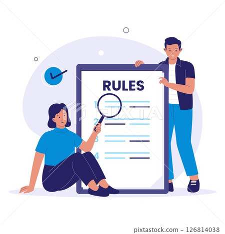 Rules Concept Illustration with People Reading and Analyzing Guidelines Document Rules Concept Illustration with People Reading and Analyzing Guidelines Document 126814038